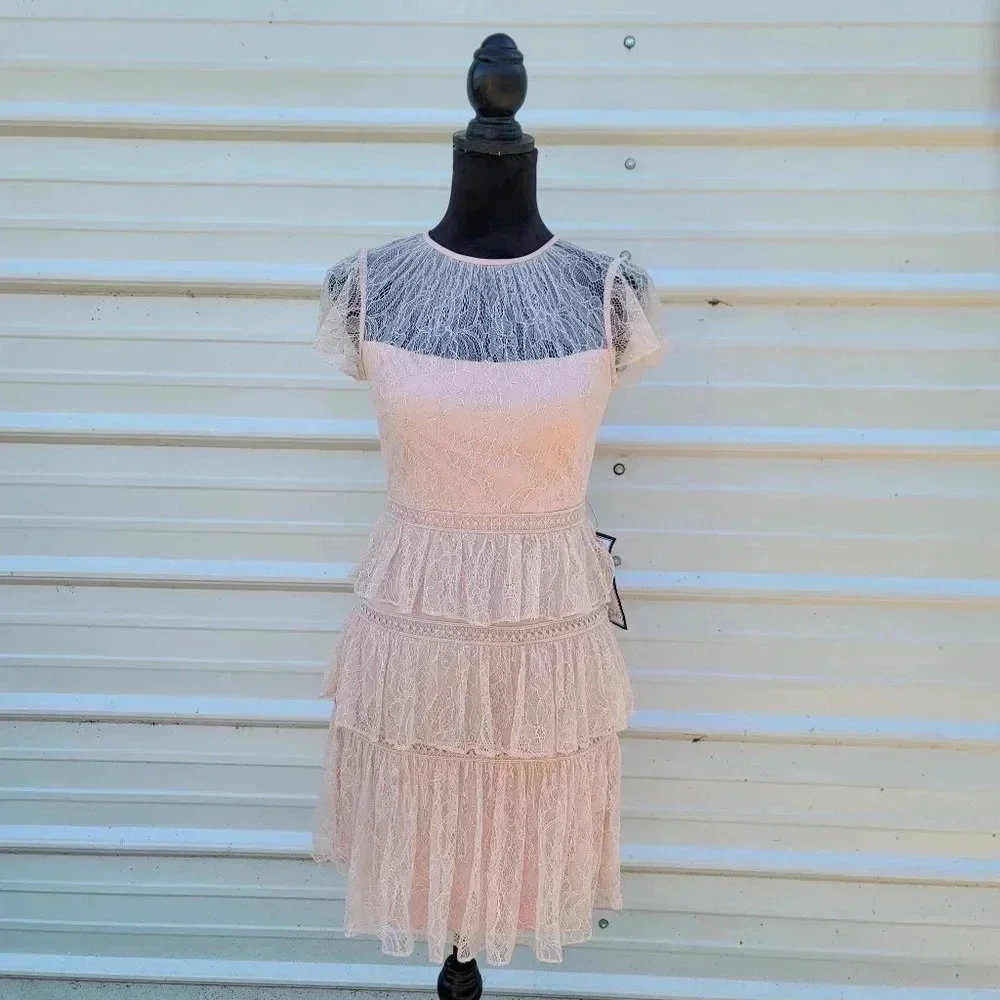 NWT ADRIANNA PAPELL Women's Satin Blush Pink Tiered Lace Mini A-Line Dress sz 0